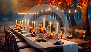 Autumn outdoor banquet table, autumn harvest season, holiday party,