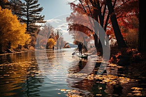 Autumn Paddleboarding Paddleboarders on a tranquil lake - stock photo concepts