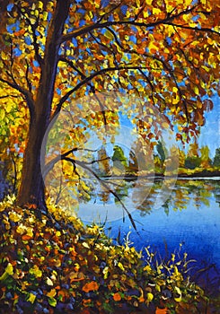 Autumn painting acrylic on canvas autumn tree on banks of blue forest river