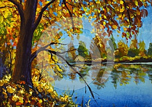 Autumn painting acrylic on canvas autumn tree on banks of blue forest river