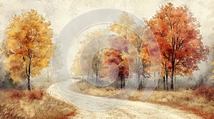 Autumn painting made in the style of blurriness, empty dirt road along which autumn yellow birch, red maple and yellowed photo