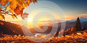 Autumn panorama with golden leaves and mountain landscape