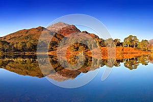 Autumn panorama of Loch Claire with the views of Beinn Eighe and Liathach from across the water. Glen Torridon, Highlands Scotland