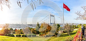 Autumn panorama of the Otagtepe park and the Fatih Sultan Mehmet bridge of Istanbul, Turkey