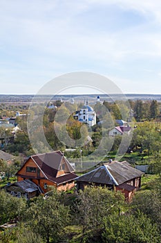 Autumn panorama of Pereslavl-Zalessky from the height of bird flight. Pereslavl-Zalessky. Russia.