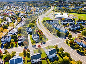 Autumn panorama of the streets of modern single-family houses of the upper and middle class. American real estate in Virginia USA