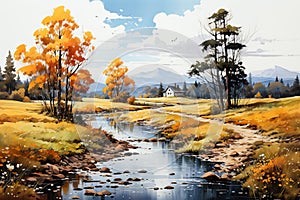 Autumn panoramic landscape with a small stream and a house generative AI Generative AI