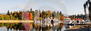 Autumn panoramic view of Vancouver skyline as seen from Stanley Park, British Columbia, Canada