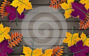 Autumn paper background, colorful tree leaves, wooden backdrop, 3d design for fall season banner, poster or thanksgiving day