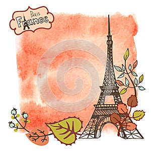 Autumn Paris.Eiffel tower,leaves,watercolor splash