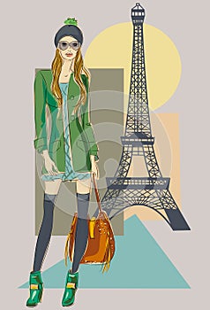 Autumn in Paris. Fashion girl near Eiffel Tower