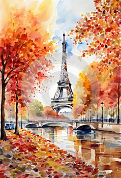 Autumn in Paris, watercolor Eiffel tower over river