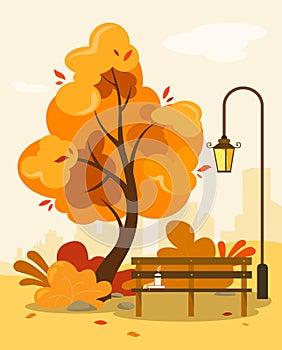 Autumn park with a bench and a fanlight, falling leaves and a book with hot coffee on a bench in cartoon style flat