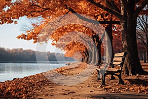 Autumn park bench on the lake shore at sunset. Beautiful autumn landscape. generative AI Generative AI