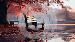 An autumn park with bench at morning fog in winter