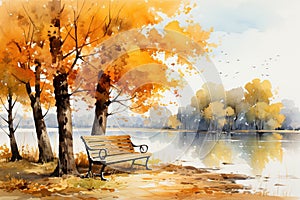 Autumn park with a bench. Watercolor painting on canvas. Generative AI Generative AI