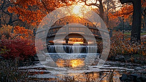 Autumn Park Bridge Flowing Water