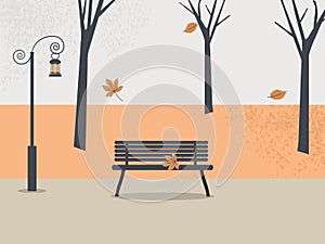 Autumn park.Fall  soothing landscape: trees, leaves, sky, empty bench with lonely leaf, antique lantern. Colorful vector