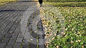 Autumn Park feet in boots toss leaves, running on the grass