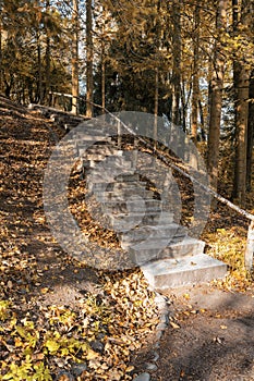 In the autumn park hill with a stone staircase and fallen leaves