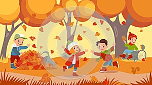 Autumn park kids. Children outdoor activity. Boys and girls play with falling leaves. Little people in warm clothes