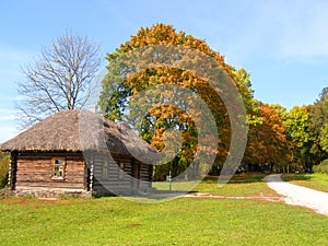 Autumn park with an old wooden house at Yasnaya Polyana.