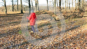 Autumn Park. Older woman engaged in Nordic walking