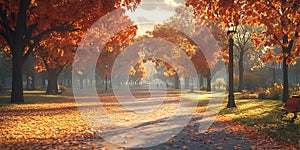 Autumn Park Path Sunlit Fall Foliage Scene