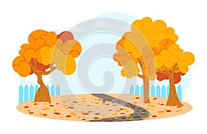 Autumn park scene with vibrant yellow-orange trees and falling leaves, winding path, and fence. Seasonal landscape with