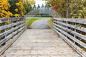Autumn in park. Wooden bridge and trees with fallen colored leaves during fall season