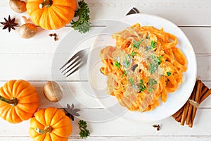 Autumn pasta with pumpkin cream sauce, top view scene over white wood