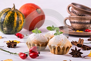 Autumn pastries. Homemade cupcakes with powdered sugar with cinnamon sticks, anise stars, pumpkins,