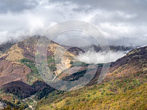 Autumn patchwork in the Apennine Mountains, Italy. Near Cerreto Pass in the Tuscan-Emilian Apennine National Park. With