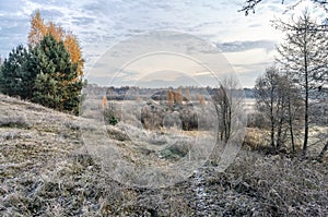 Autumn path. Hoarfrost at dawn