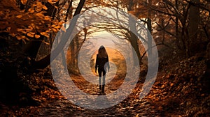 Autumn Path Nancy Walking Through Dark Orange And Gold Forest