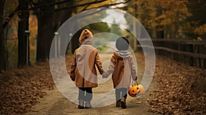 Autumn Path: Two Children In Zombie Costumes With Pumpkins