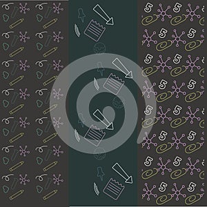 Autumn pattern Back to school on black background with ruler, pencil, puzzle, notepad, globe, science, letter, number.