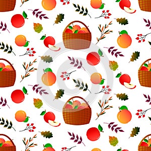 Autumn pattern with basket, apples and leaves. Vector illustration isolated on white background.