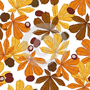 Autumn pattern with chestnut leaves and fruits