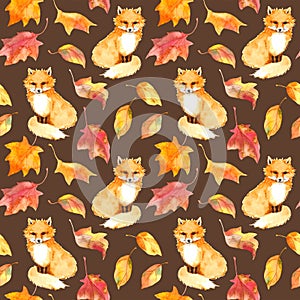 Autumn pattern - cute fox animal, red leaves. Seamless watercolor