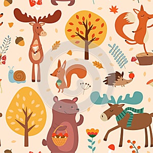 Autumn pattern with cute hand drawn forest animals and fall floral elements. Vector seamless texture.