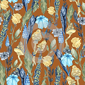 Autumn pattern of dry flowers and leaves on a brown background
