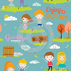 Autumn pattern with happy smiling kids