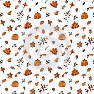 Autumn pattern in orange and brown tones with various fall items, backgrounds, wallpapers, create patterns or compositions, or