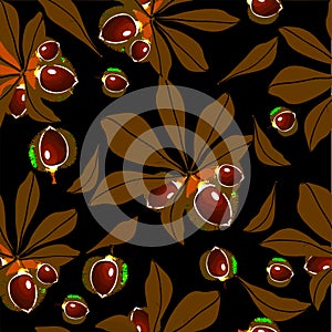 Autumn  pattern with red  chestnut with red  leaves on black