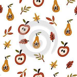 Autumn seamless pattern. Different leaves, fruits and berries. Autumn cute digital paper.