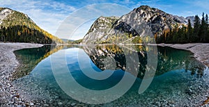 Autumn peaceful alpine lake Braies or Pragser Wildsee. Fanes-Sennes-Prags national park, South Tyrol, Dolomites Alps, Italy,