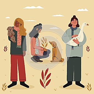 autumn people with pets vector illustration photo