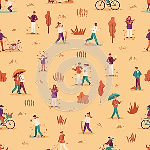 Autumn people seamless pattern. Men, women and child enjoying fall season, walk with umbrella and pets in park, ride