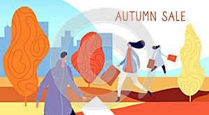 Autumn people shopping. City characters, person with shop bags walk on fall sale. Seasonal discount web banner, special